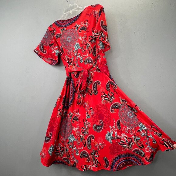 Vintage Coline Red Paisley Dress L Boho Fairy Slinky Bell Sleeve V Neck - Picture 4 of 8